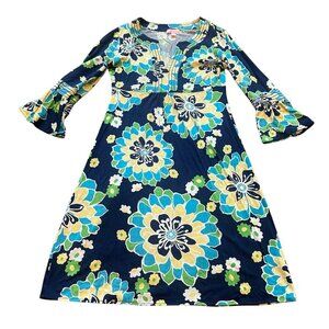 Lilly Pulitzer Navy Blue Floral Shift Dress with Teal & Yellow Blooms